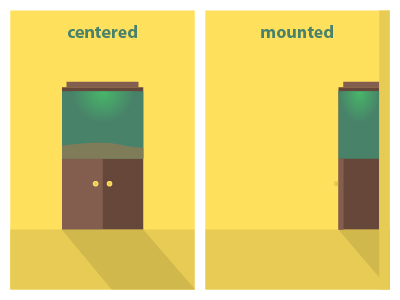 One aquarium is located in the center or a room, the other is mounted on the side.