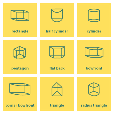 Graphic featuring nine possible aquarium shapes
